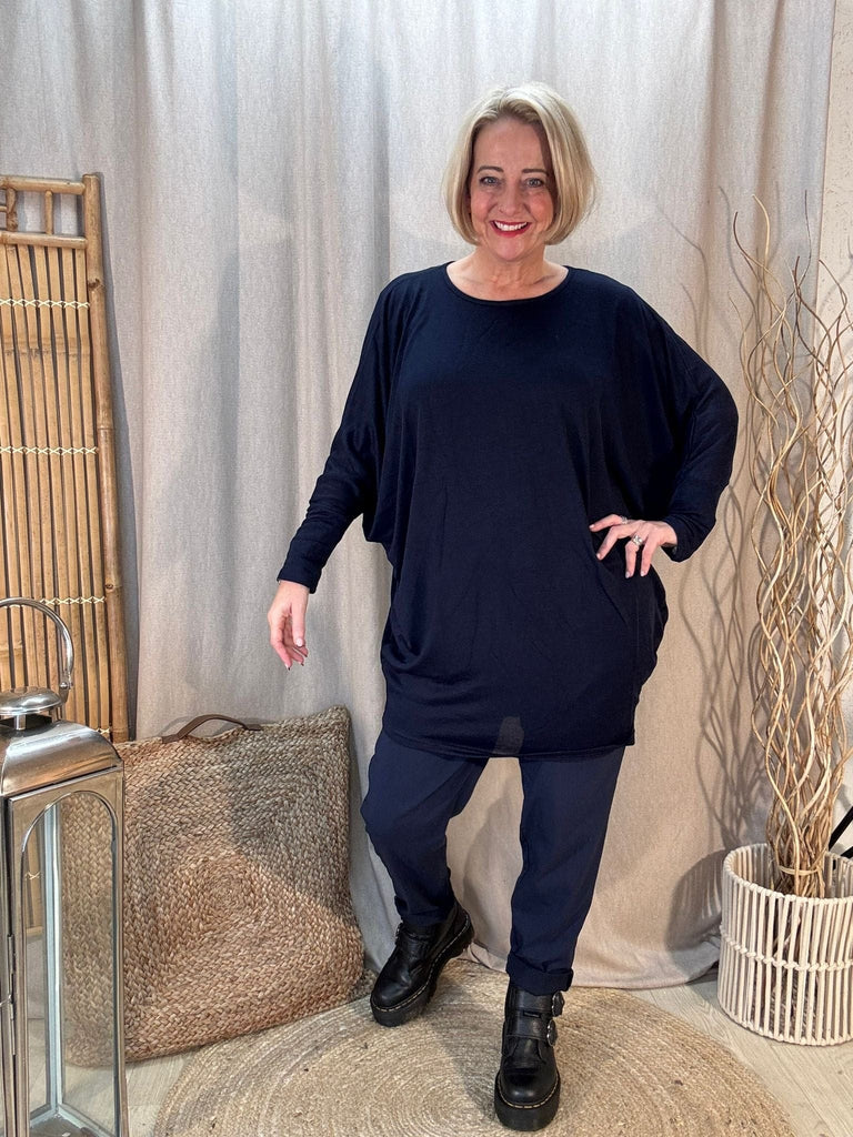 Navy Slouchy Oversized Longline Batwing Top Be You Lifestyle Boutique