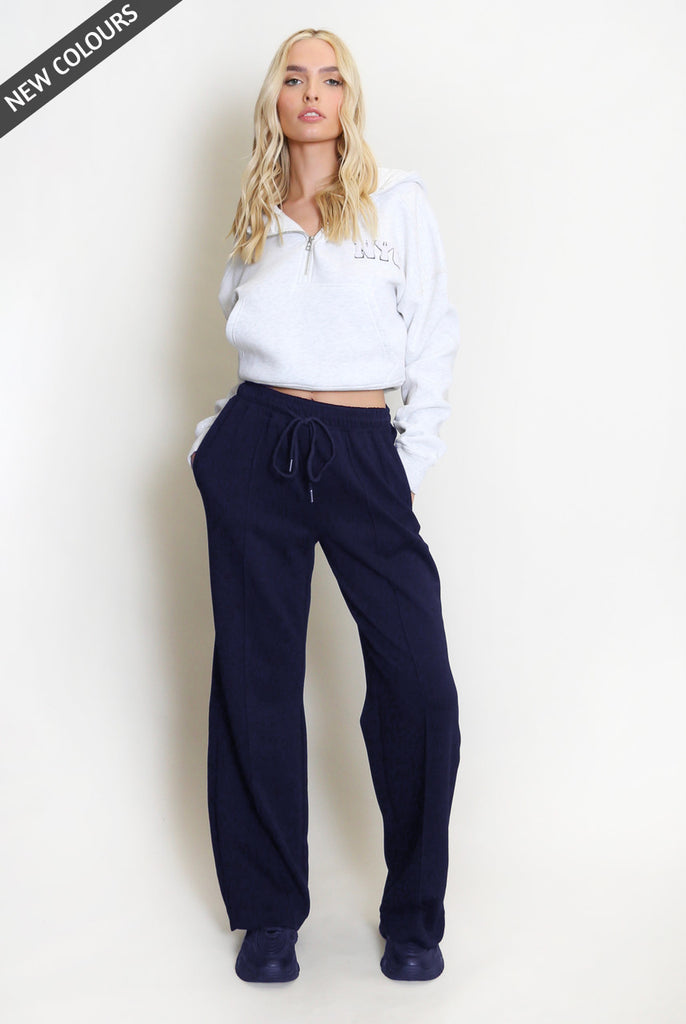 navy wide leg luxe seam front joggers