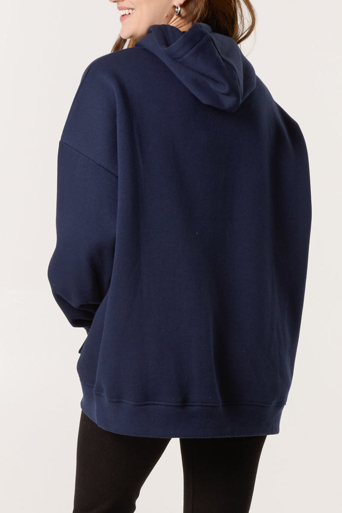 back of navy sunday hoodie