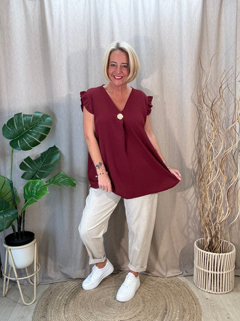 One Button V Neck Frill Sleeved Top Be You Lifestyle Boutique