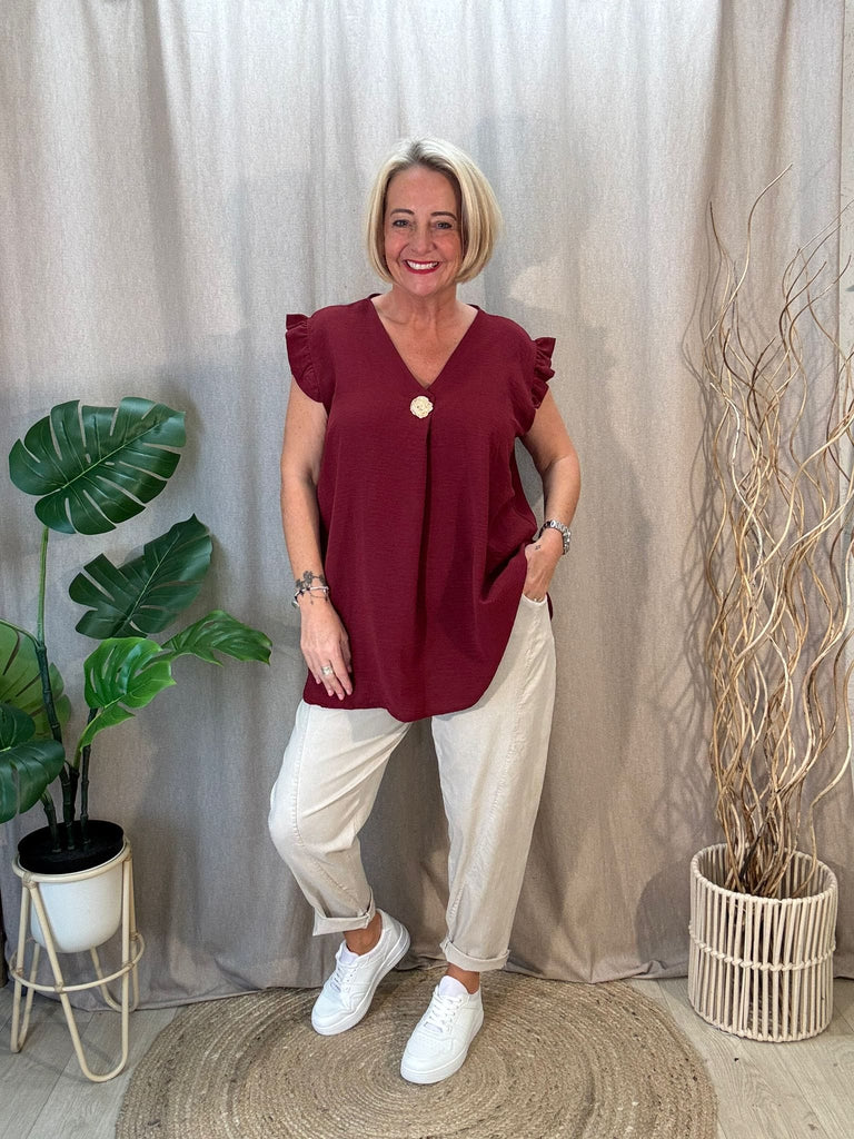 One Button V Neck Frill Sleeved Top Be You Lifestyle Boutique One Size / Burgundy