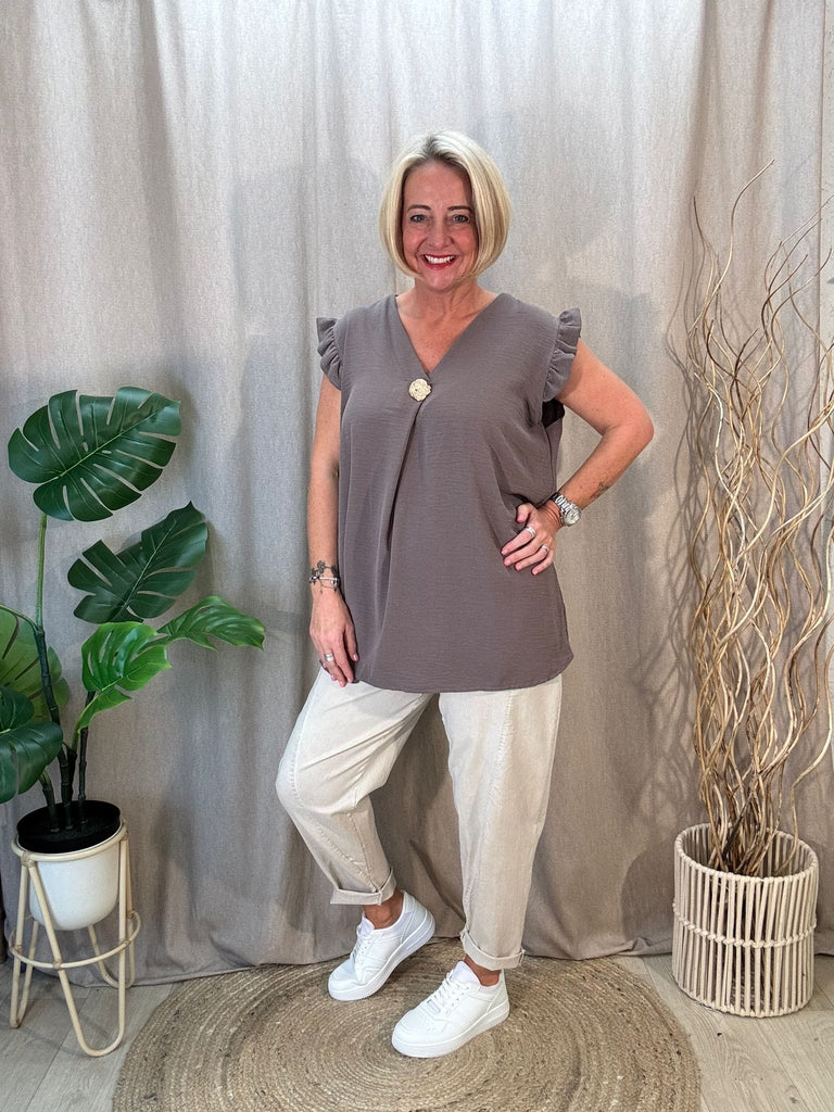 One Button V Neck Frill Sleeved Top Be You Lifestyle Boutique