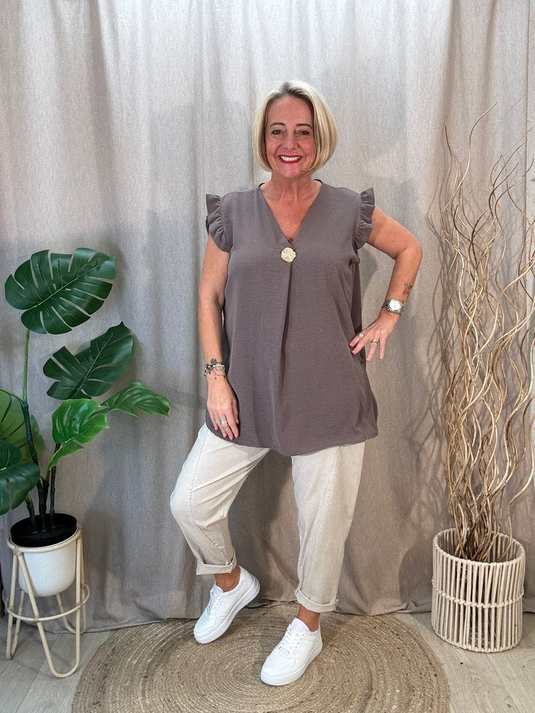 One Button V Neck Frill Sleeved Top Be You Lifestyle Boutique One Size / Mocha
