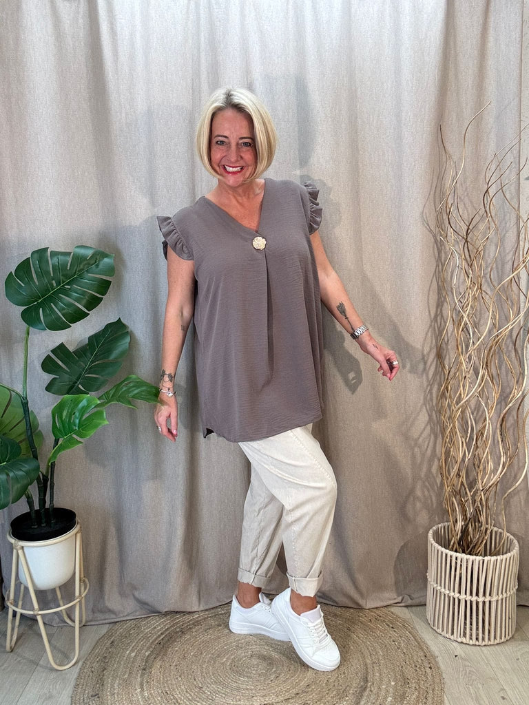 One Button V Neck Frill Sleeved Top Be You Lifestyle Boutique