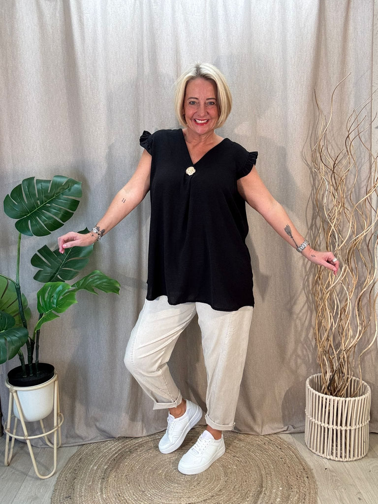 One Button V Neck Frill Sleeved Top Be You Lifestyle Boutique