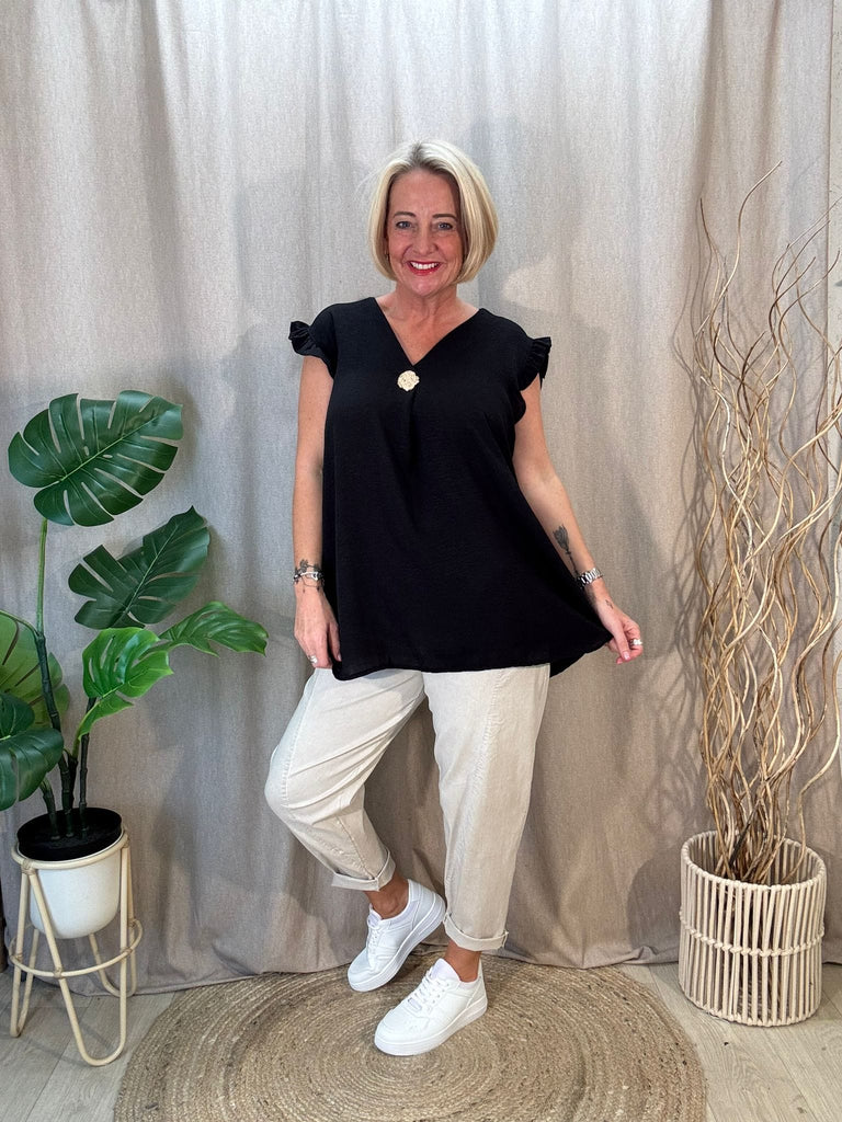 One Button V Neck Frill Sleeved Top Be You Lifestyle Boutique One Size / Black