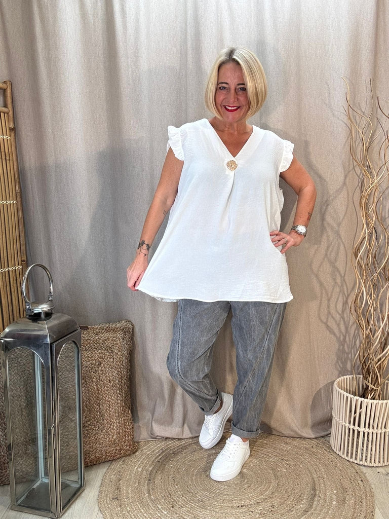 One Button V Neck Frill Sleeved Top Be You Lifestyle Boutique