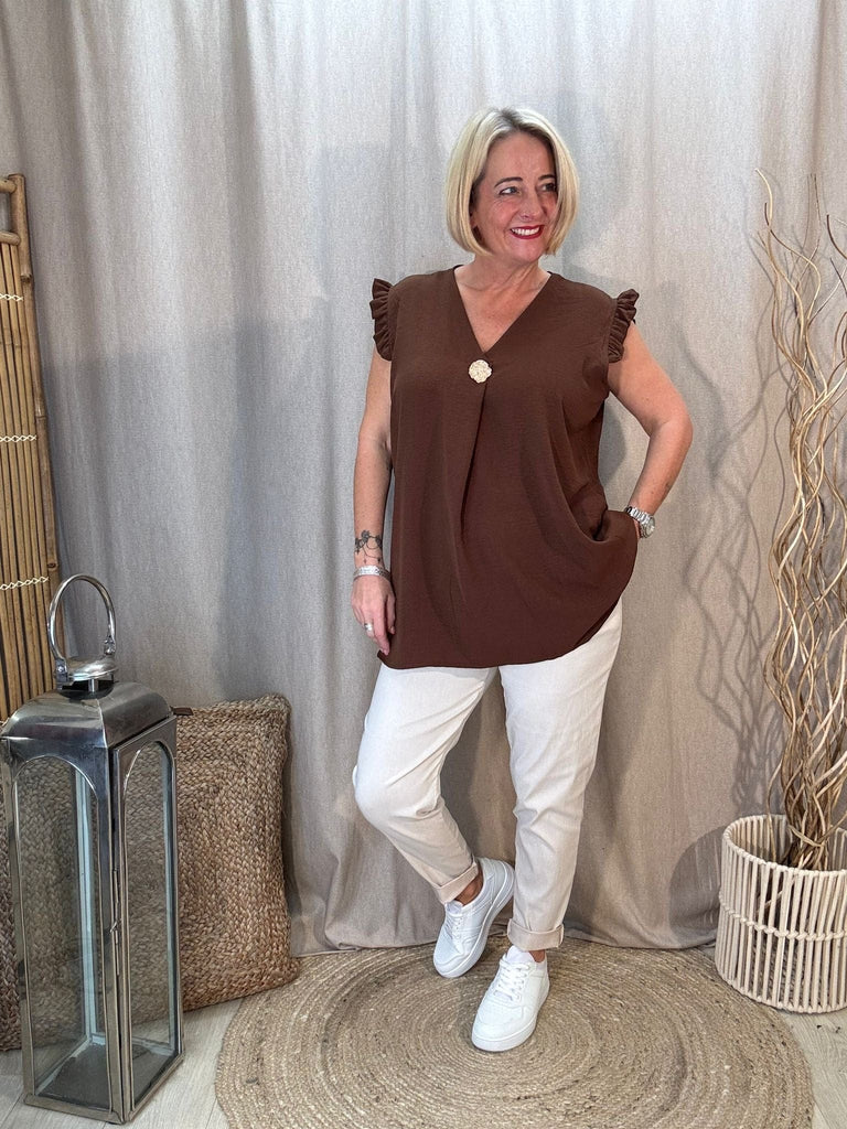One Button V Neck Frill Sleeved Top Be You Lifestyle Boutique