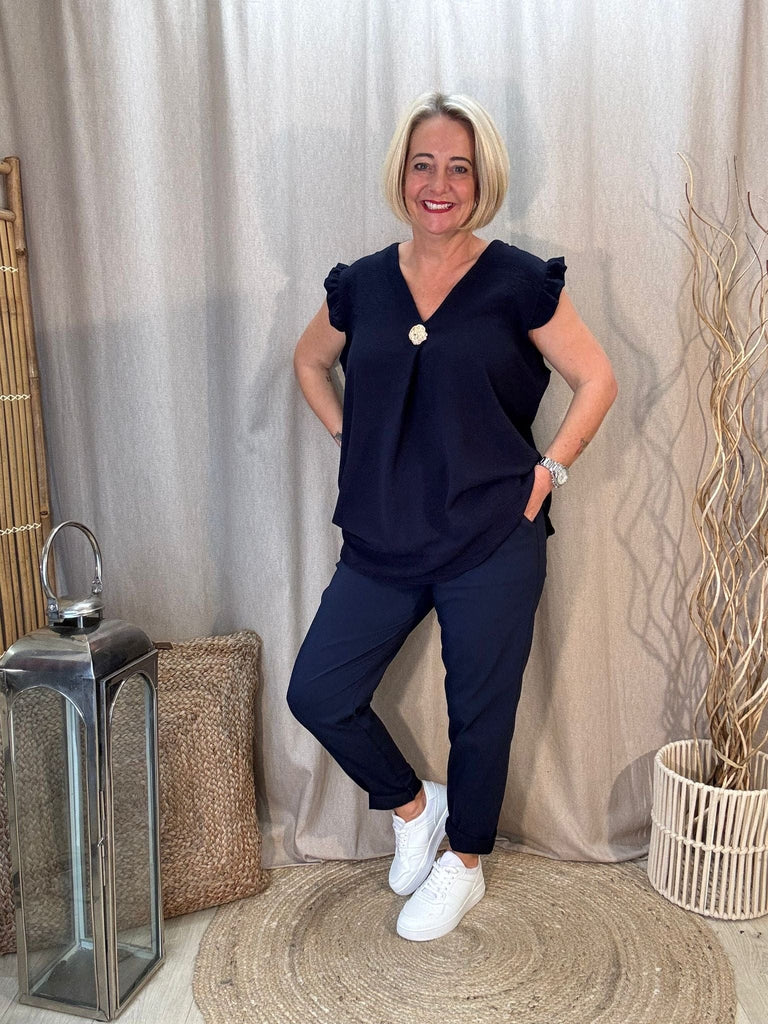 One Button V Neck Frill Sleeved Top Be You Lifestyle Boutique