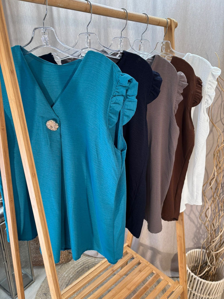 One Button V Neck Frill Sleeved Top Be You Lifestyle Boutique