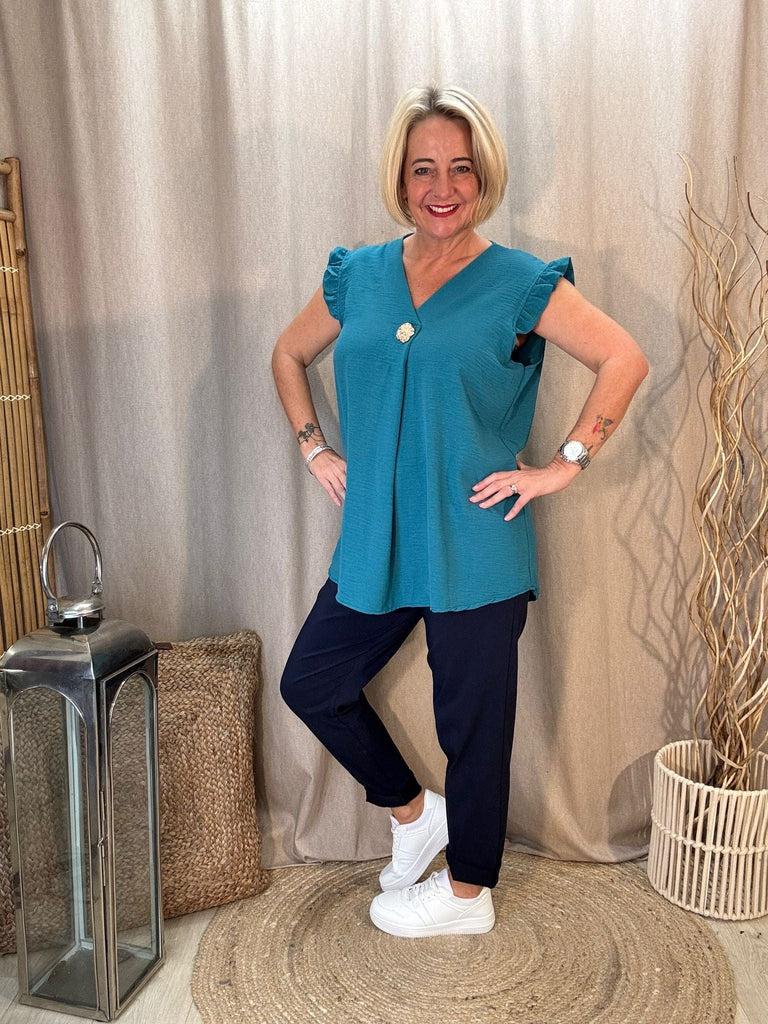 One Button V Neck Frill Sleeved Top Be You Lifestyle Boutique
