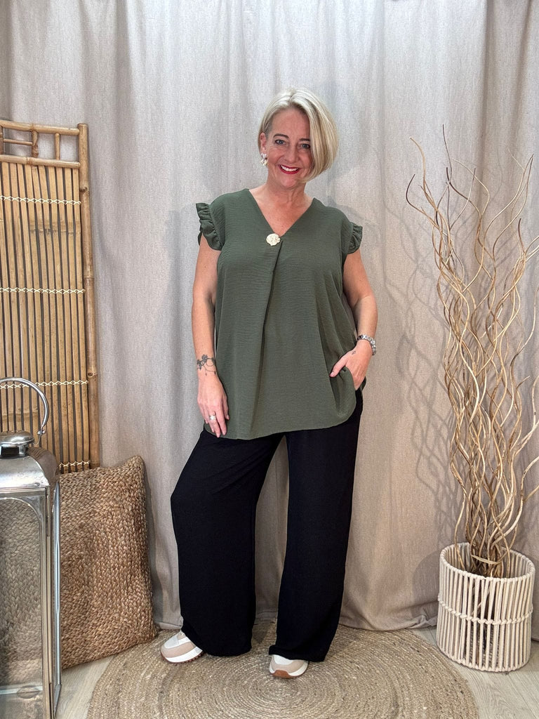 One Button V Neck Frill Sleeved Top Be You Lifestyle Boutique