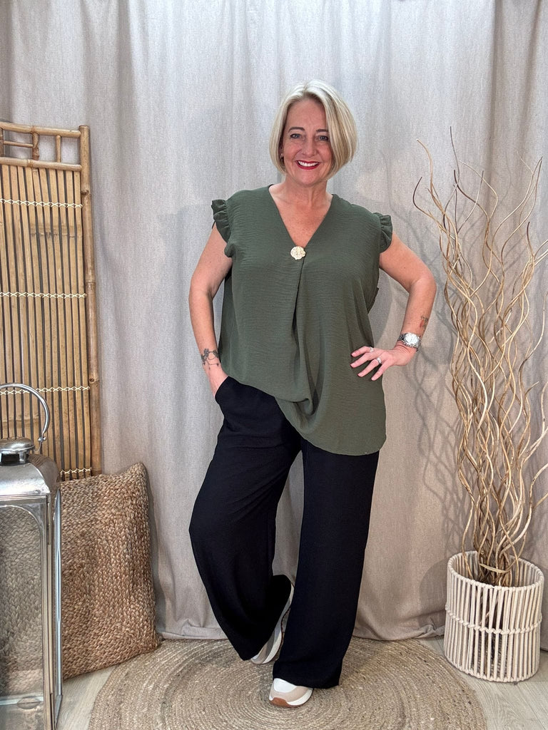 One Button V Neck Frill Sleeved Top Be You Lifestyle Boutique