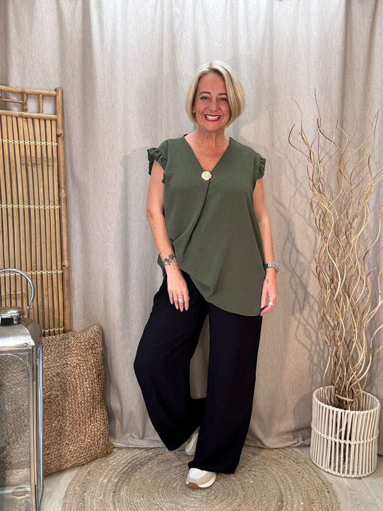 One Button V Neck Frill Sleeved Top Be You Lifestyle Boutique