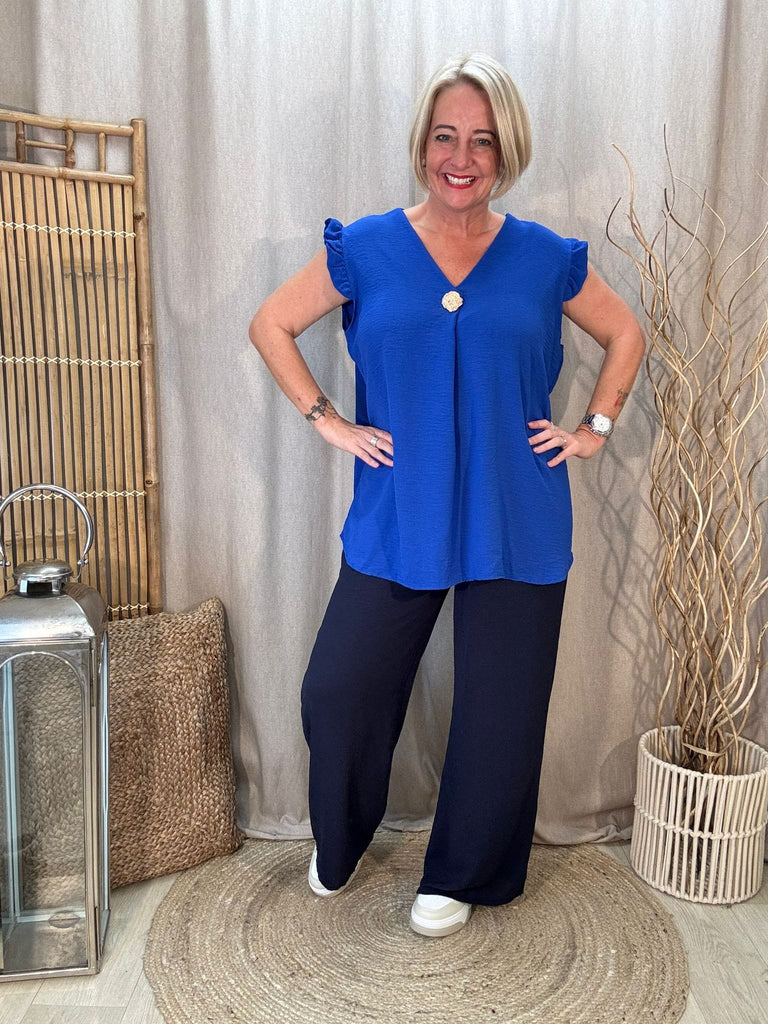 One Button V Neck Frill Sleeved Top Be You Lifestyle Boutique One Size / Royal Blue