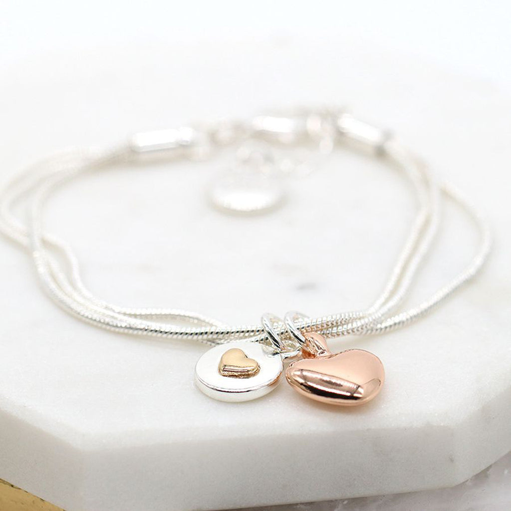 Silver Plated & Rose Gold Double Heart Charm Bracelet By POM