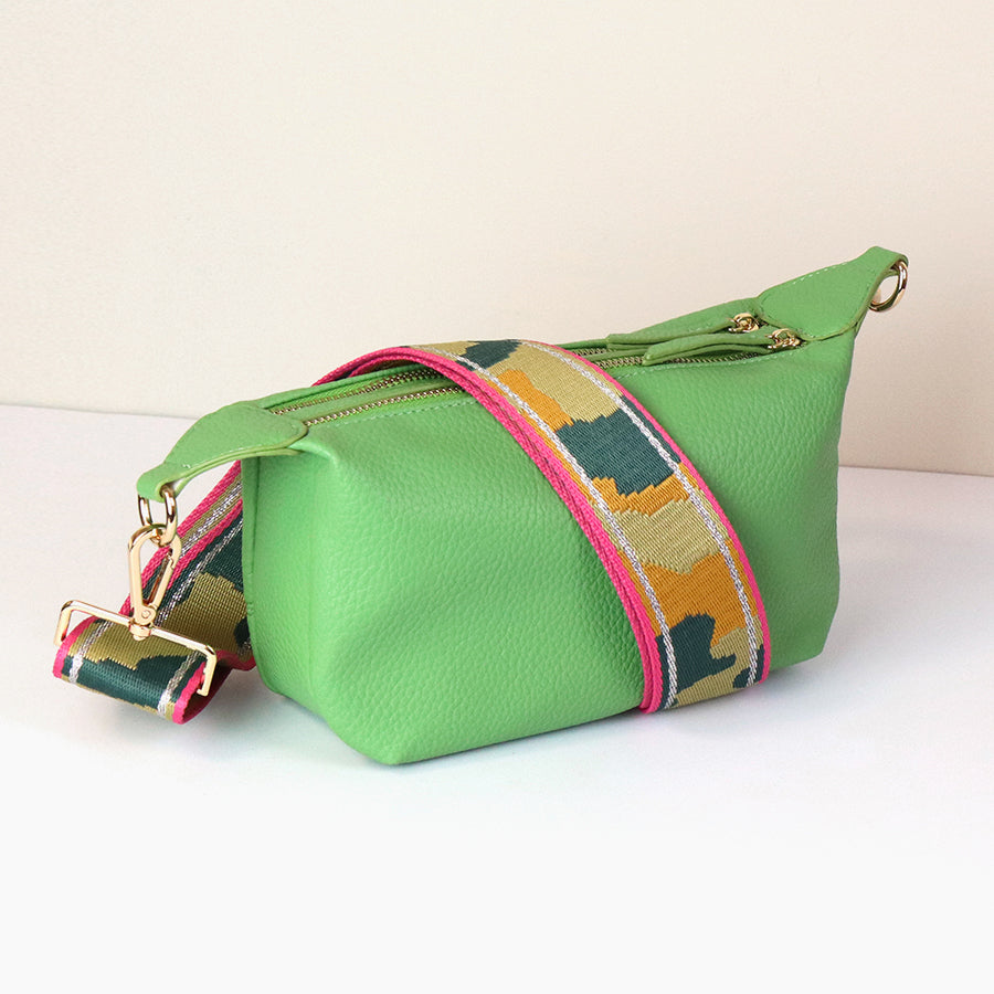 pea green crossbody bag in vegan leather with camo strap by POM