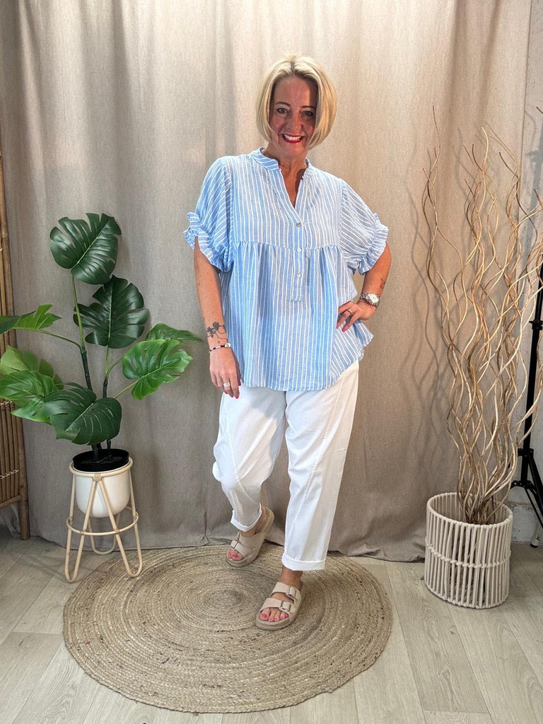 Pinstripe Peasant Blouse With Frill Short Sleeves Be You Lifestyle Boutique