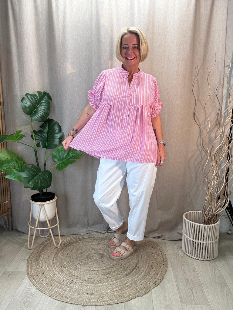 Pinstripe Peasant Blouse With Frill Short Sleeves Be You Lifestyle Boutique
