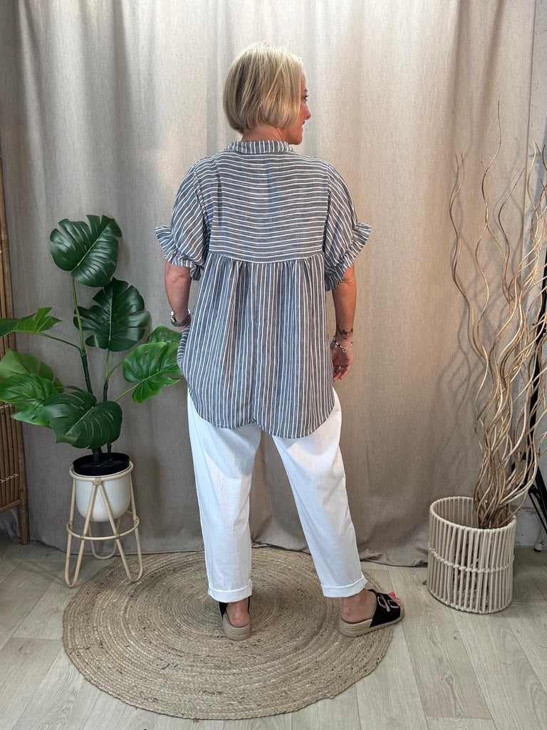 Pinstripe Peasant Blouse With Frill Short Sleeves Be You Lifestyle Boutique