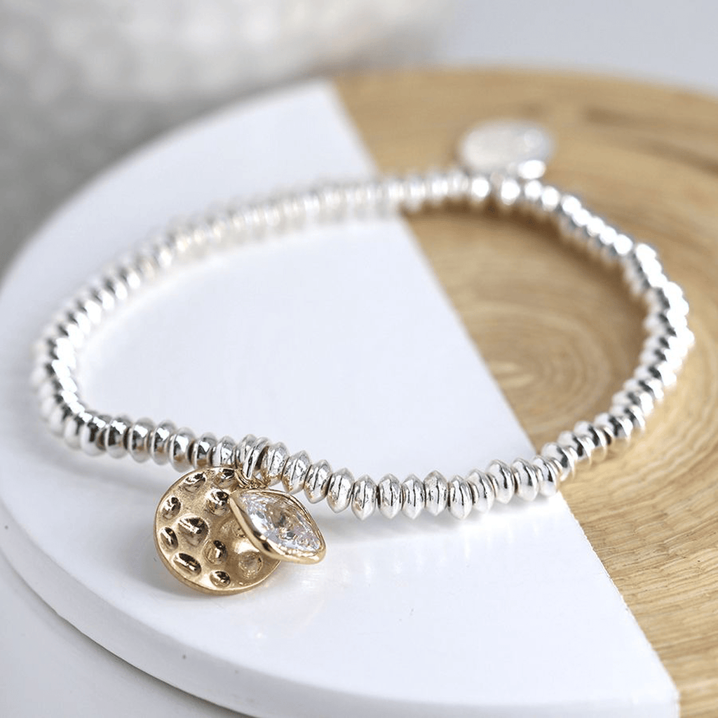 Pitted Disc & Crystal Beaded Bracelet By POM Silver Gift 03480 Be You Lifestyle Boutique