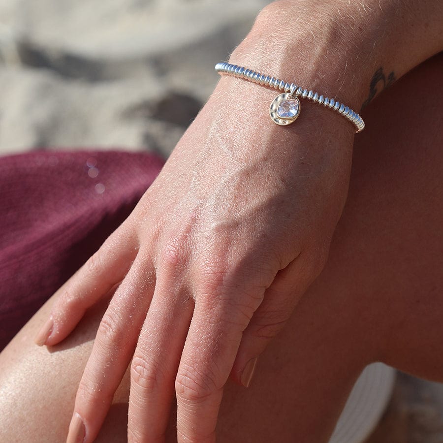 Pitted Disc & Crystal Beaded Bracelet By POM Silver Gift 03480 Be You Lifestyle Boutique