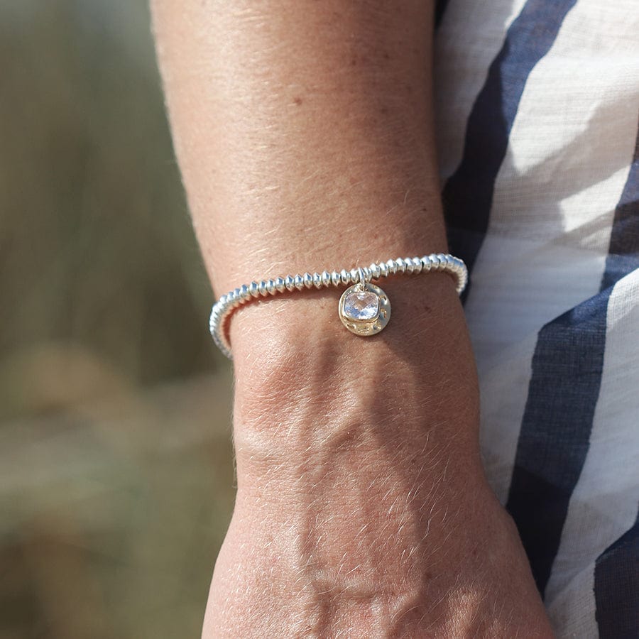 Pitted Disc & Crystal Beaded Bracelet By POM Silver Gift 03480 Be You Lifestyle Boutique