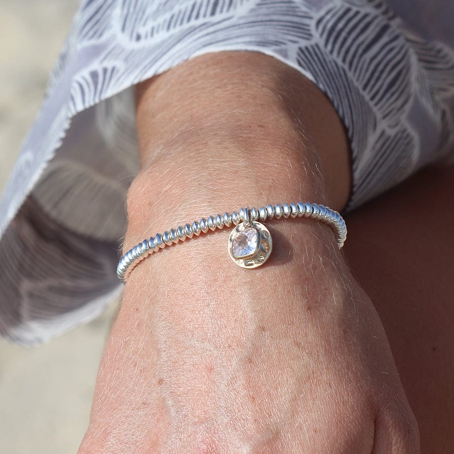 Pitted Disc & Crystal Beaded Bracelet By POM Silver Gift 03480 Be You Lifestyle Boutique