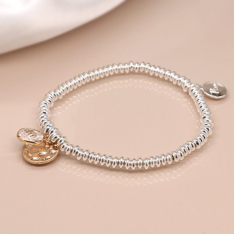 Pitted Disc & Crystal Beaded Bracelet By POM Silver Gift 03480 Be You Lifestyle Boutique