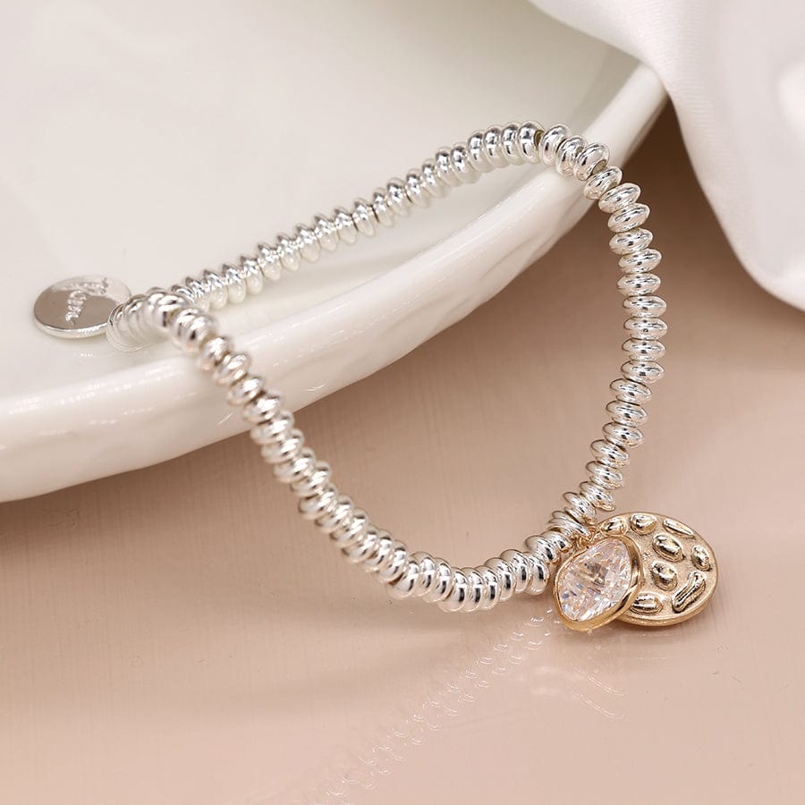 Pitted Disc & Crystal Beaded Bracelet By POM Silver Gift 03480 Be You Lifestyle Boutique