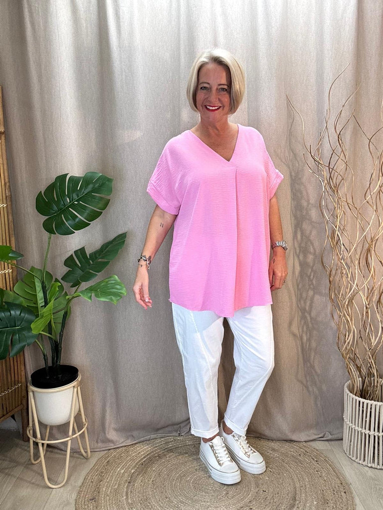 Plain & Simple V Neck Short Sleeved Top Be You Lifestyle Boutique One Size / Bubblegum Pink