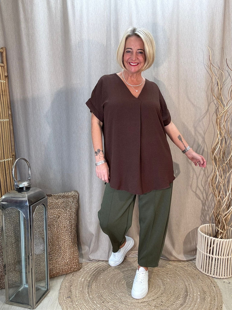 Plain & Simple V Neck Short Sleeved Top Be You Lifestyle Boutique One Size / Chocolate
