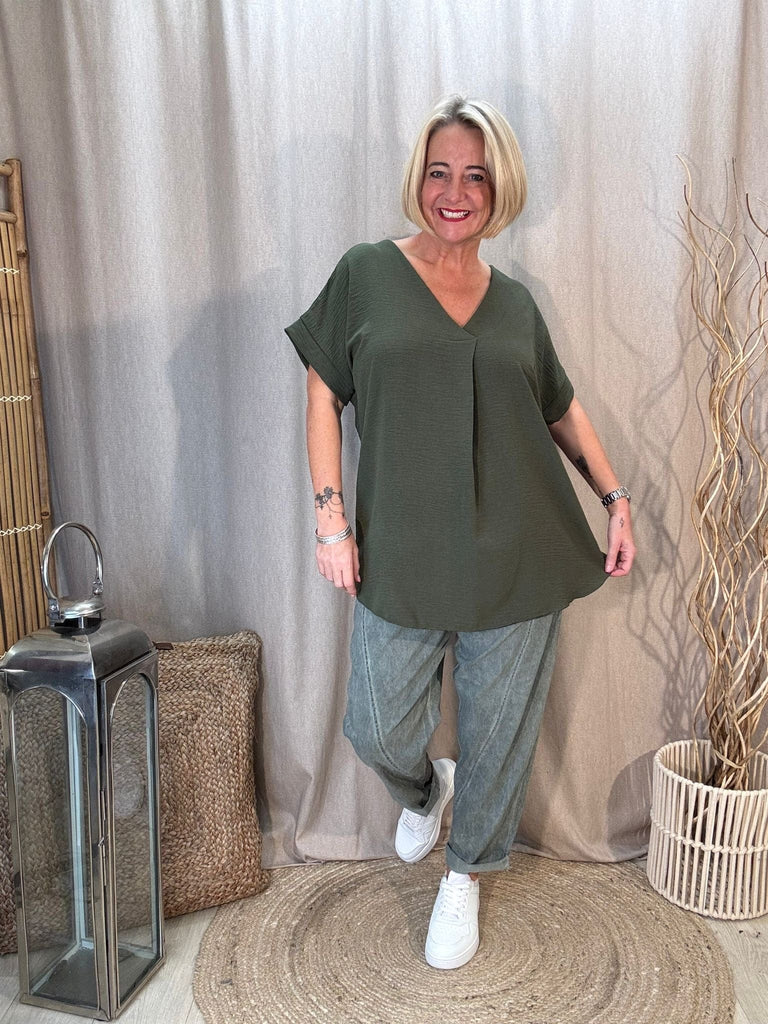Plain & Simple V Neck Short Sleeved Top Be You Lifestyle Boutique One Size / Khaki
