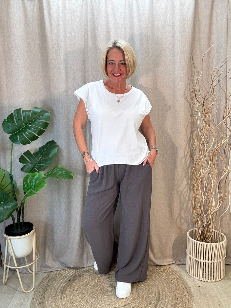 Plain Wide Leg Pocket Trousers - Palazzo Style Be You Lifestyle Boutique One Size / Charcoal