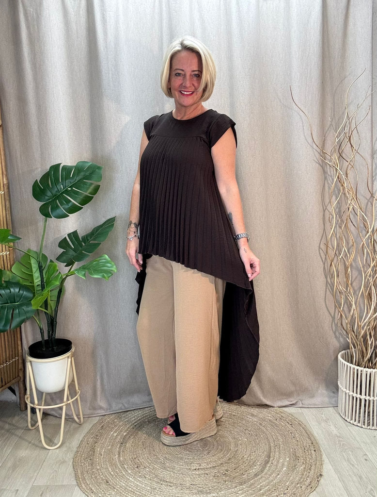 Pleated Cap Sleeve High Low Tunic Top Be You Lifestyle Boutique One Size / Chocolate