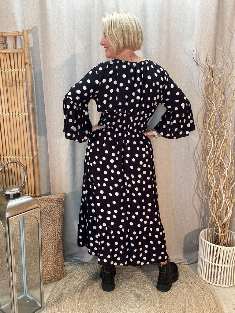 Polka Dot Pretty Woman V Neck Shirred Dress Be You Lifestyle Boutique