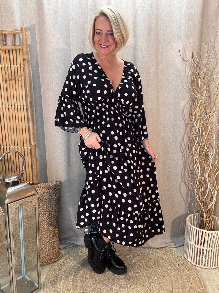 Polka Dot Pretty Woman V Neck Shirred Dress Be You Lifestyle Boutique