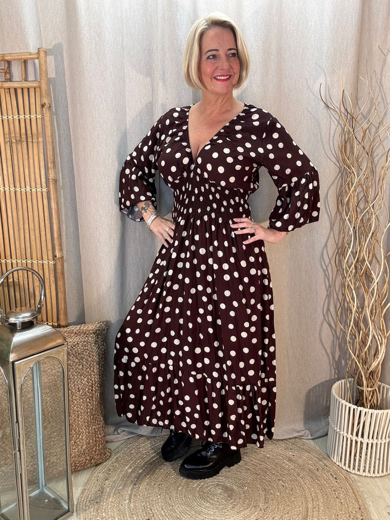 Polka Dot Pretty Woman V Neck Shirred Dress Be You Lifestyle Boutique One Size / Chocolate