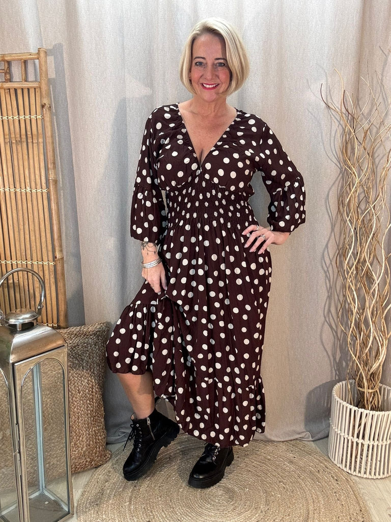 Polka Dot Pretty Woman V Neck Shirred Dress Be You Lifestyle Boutique