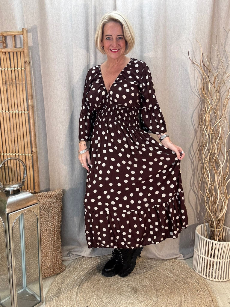 Polka Dot Pretty Woman V Neck Shirred Dress Be You Lifestyle Boutique