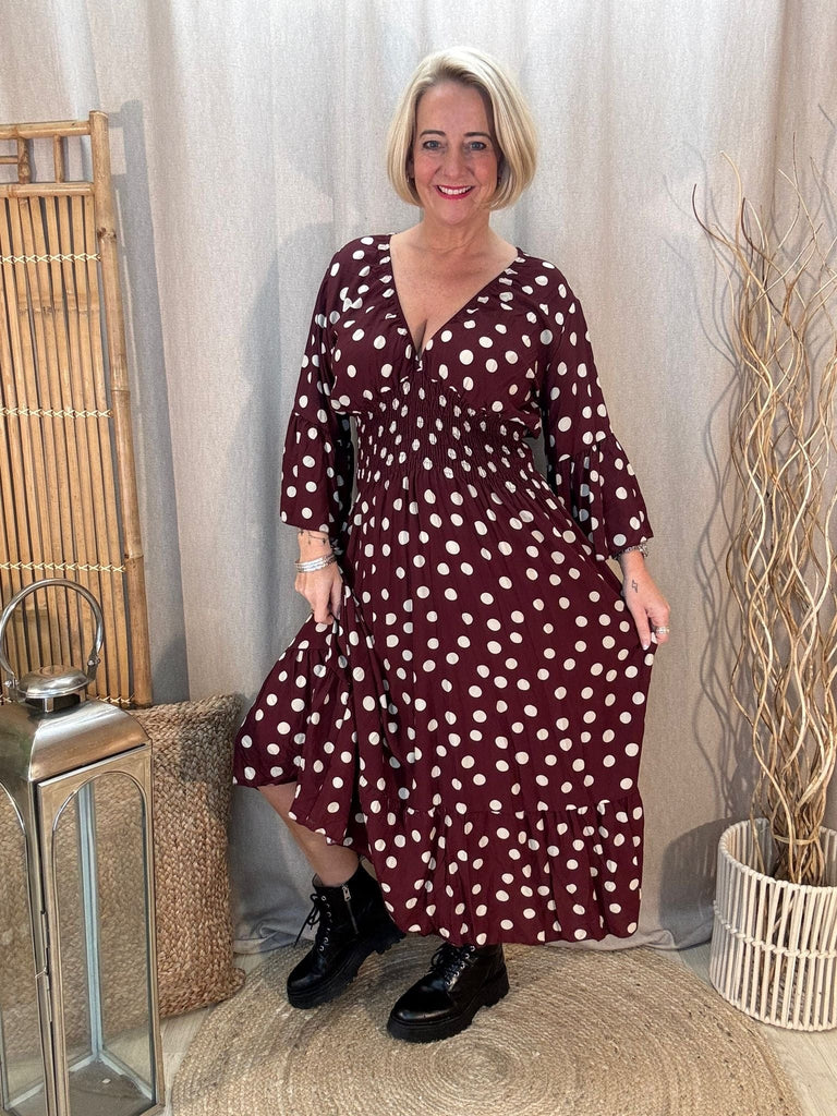 Polka Dot Pretty Woman V Neck Shirred Dress Be You Lifestyle Boutique One Size / Burgundy