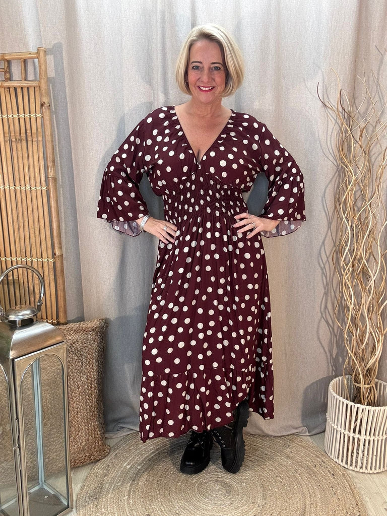 Polka Dot Pretty Woman V Neck Shirred Dress Be You Lifestyle Boutique