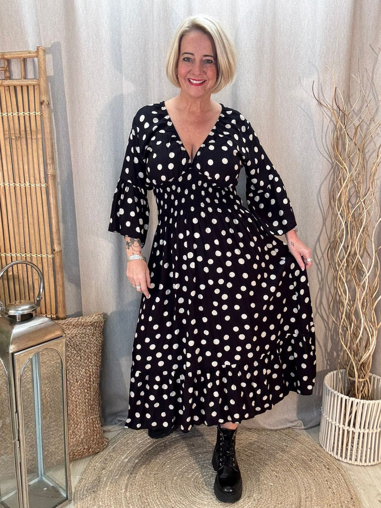 Polka Dot Pretty Woman V Neck Shirred Dress Be You Lifestyle Boutique