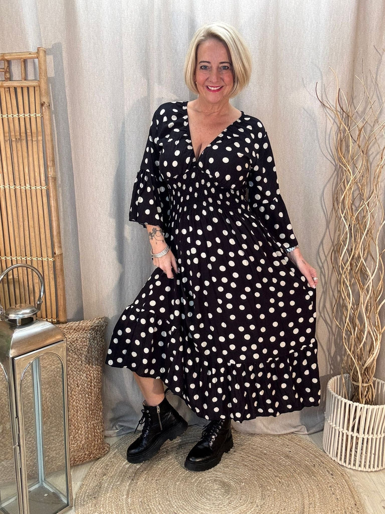 Polka Dot Pretty Woman V Neck Shirred Dress Be You Lifestyle Boutique One Size / Black