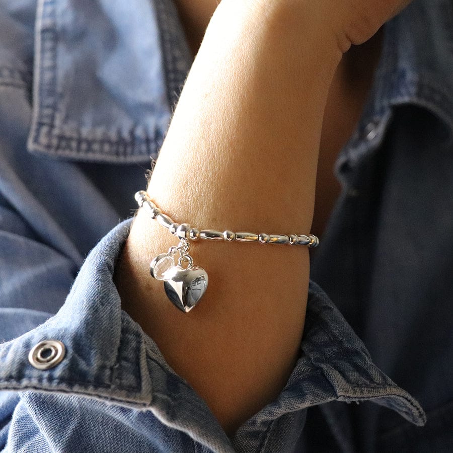Puff Heart & Crystal Barrel Bead Bracelet By POM Silver Gift 03446 Be You Lifestyle Boutique
