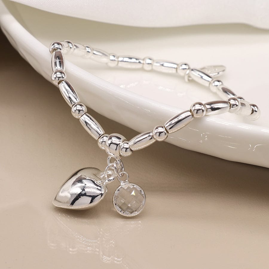 Puff Heart & Crystal Barrel Bead Bracelet By POM Silver Gift 03446 Be You Lifestyle Boutique