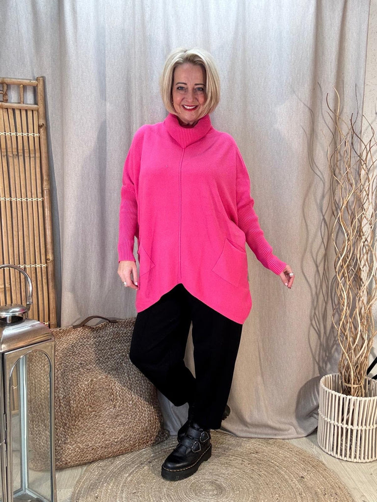 Roll Neck Neck Pocket Knit Jumper Red One Size / Pink