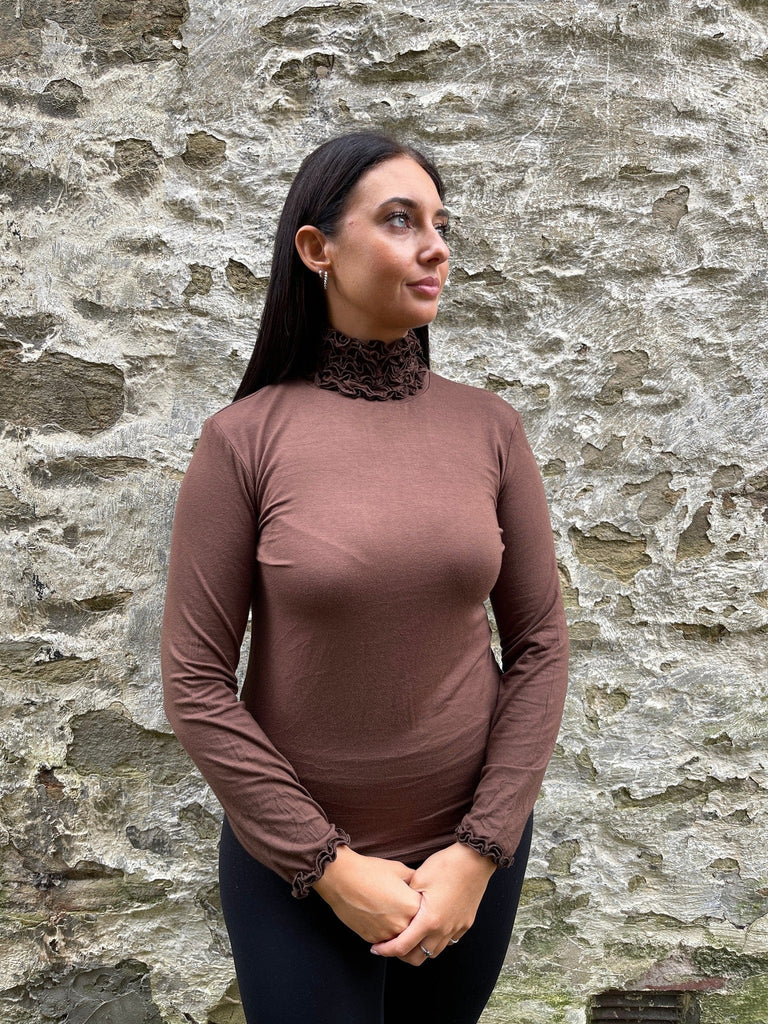 Ruffle Polo Neck Essential  Layering Top Be You Lifestyle Boutique One Size / Chocolate