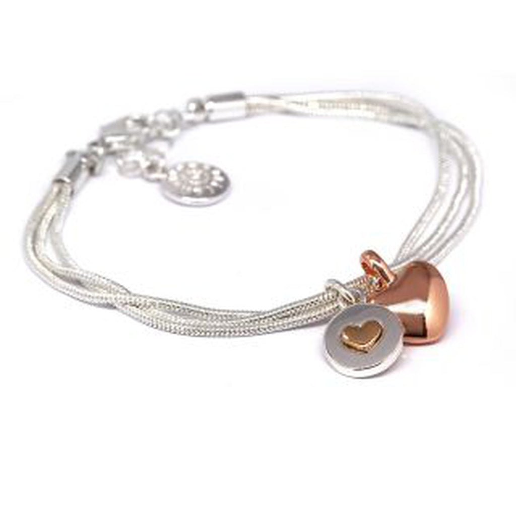 Silver Plated & Rose Gold Double Heart Charm Bracelet By POM