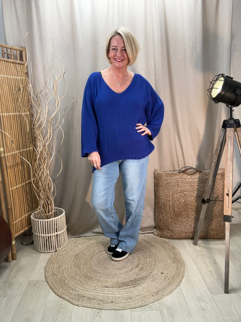 Seam Front Textured V Neck Knit Batwing Jumper Be You Lifestyle Boutique One Size / Cobalt Blue